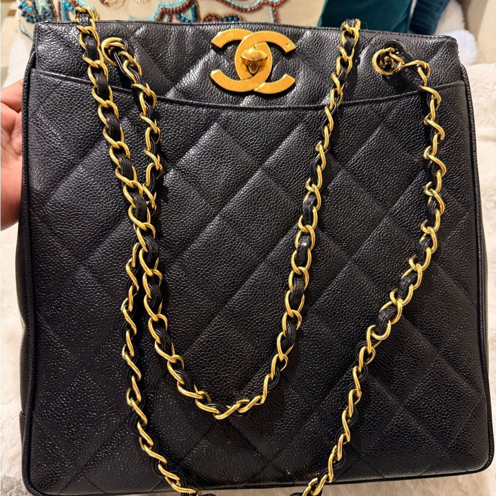 Chanel Caviar Black Quilted Shoulder Bag with 24K Gold Accents